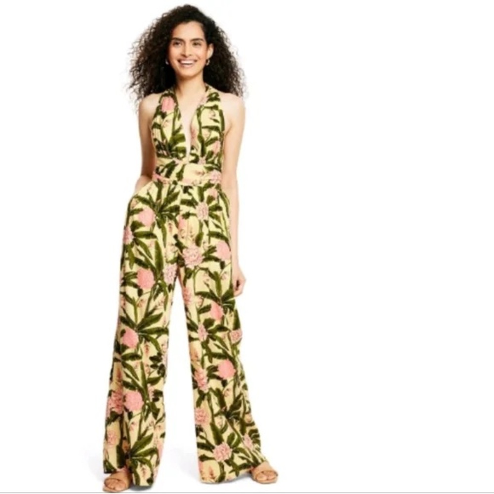 Agua Bendita Pink and Green Floral Halter Jumpsuit NEW